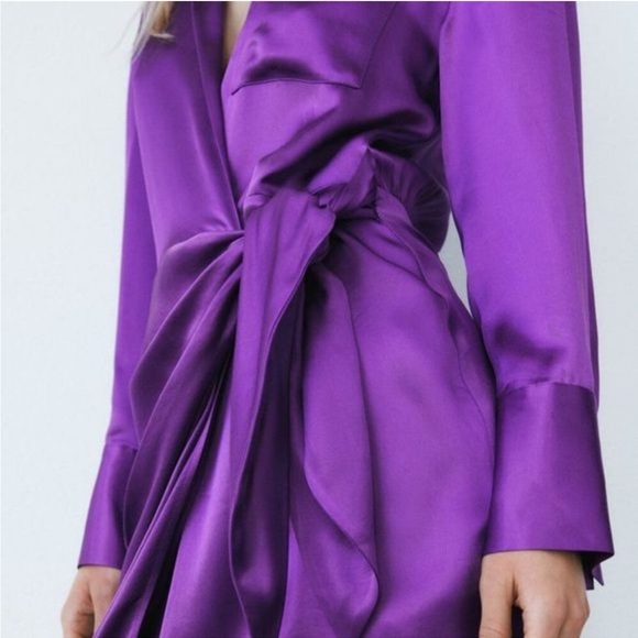 NWT Zara Purple Satin Effect Faux Wrap Mini Dress Small - Picture 3 of 10